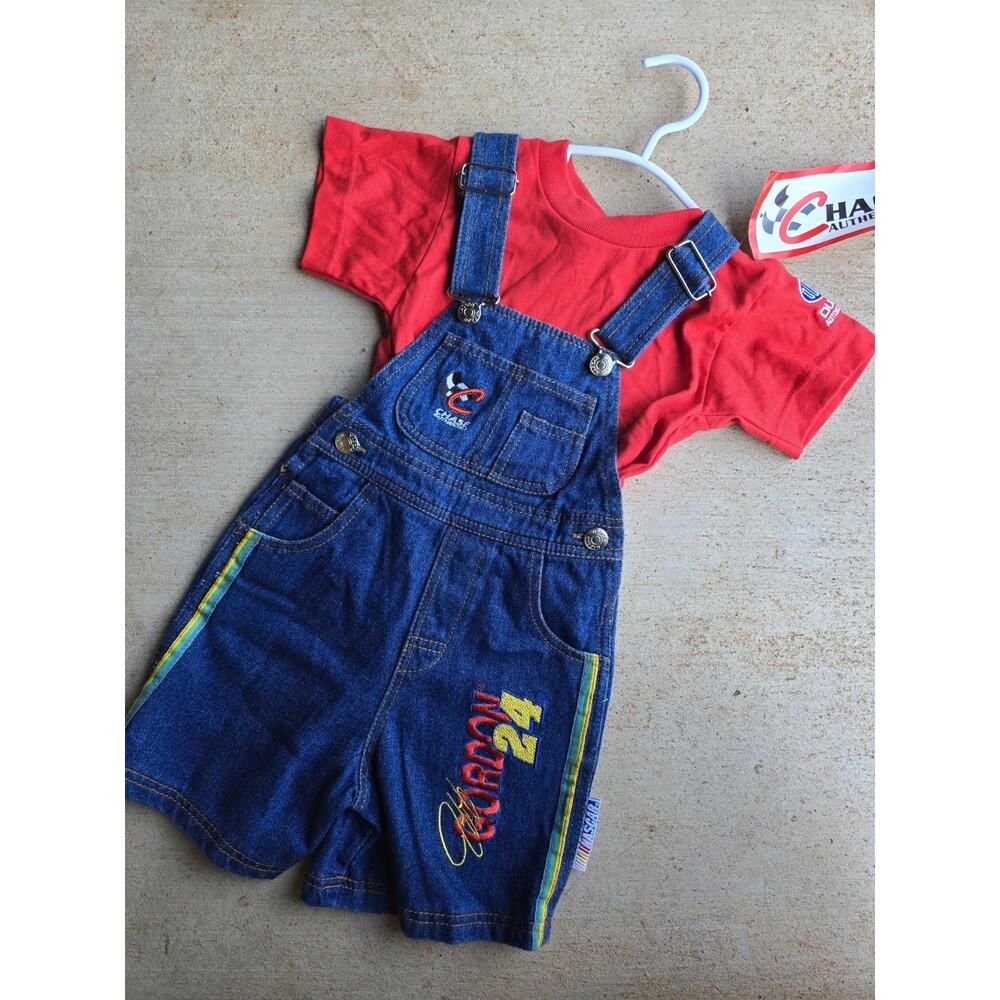 VTG Chase Authentics Jeff Gordon 24 NASCAR 2-Pc Denim Overalls Red Tee Set 3T